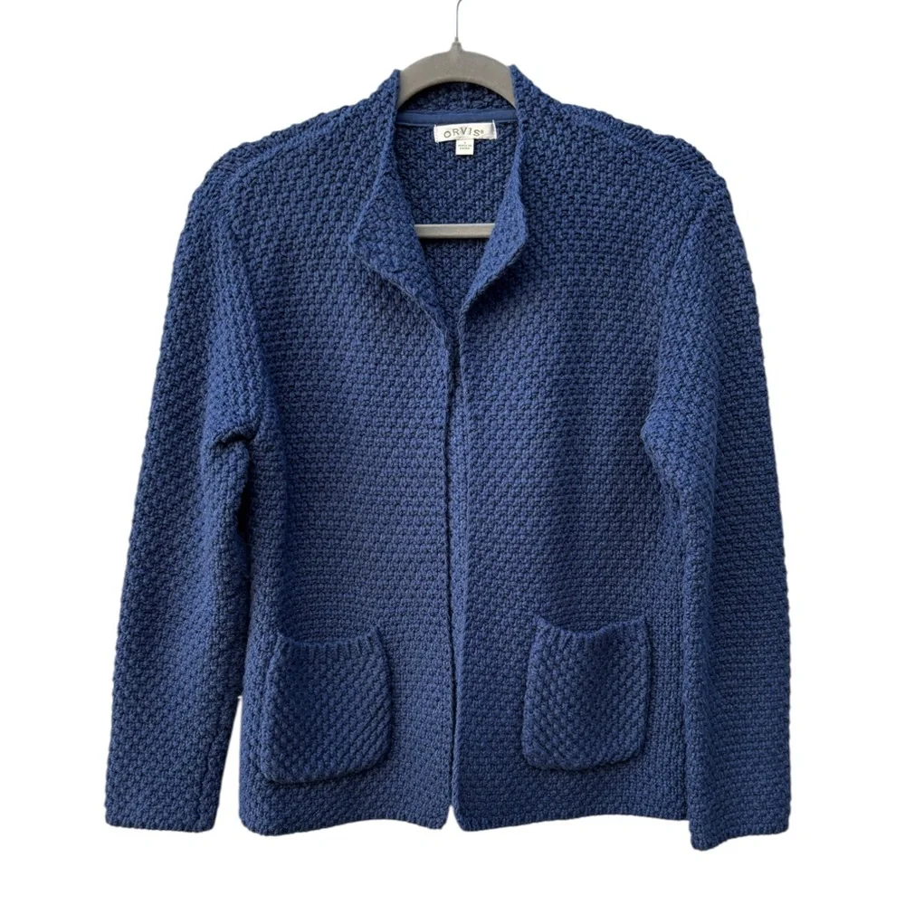 Orvis Women’s S 100% Cotton Blue Knit Textured Open Cardigan Sweater w/Pockets